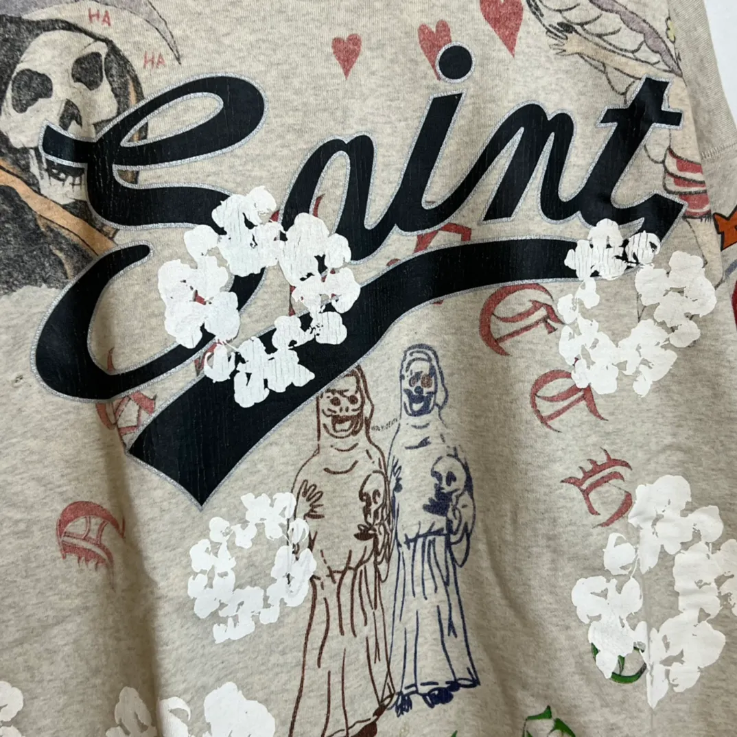 DENIM TEARS × ©SAINT M×××××× "SAINT TEARS" Graffiti Hoodie Joint Model Cotton Graffiti Hoodie Fully Printed Washed Distressed Holes Vintage Sweatshirt Gray S-XL Super Heavy Duty! The whole piece is printed with 35 screens and counterpoint printing!